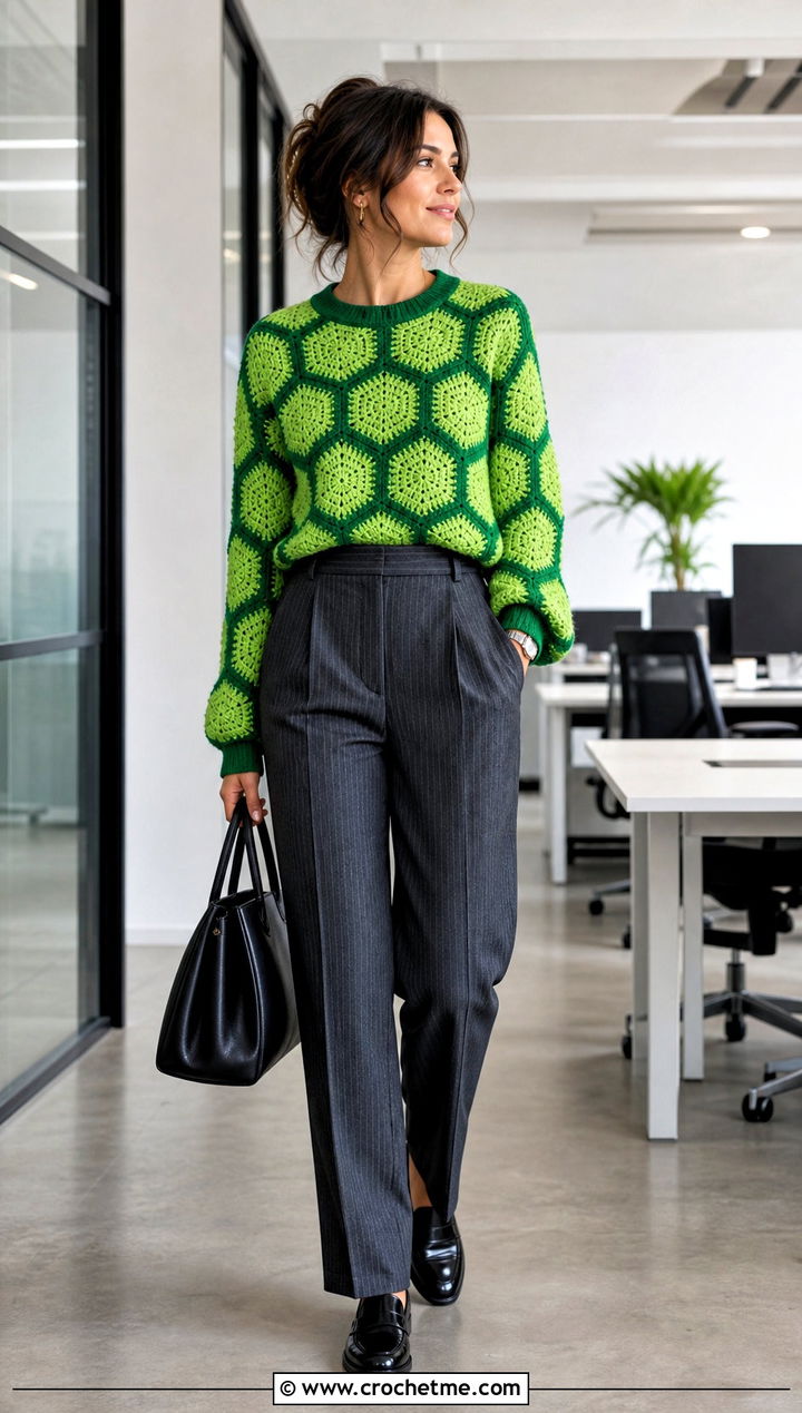 Two Tone Hexagon Jumper With Pinstripe Trousers - 30 crochet hexagon jumper outfit ideas