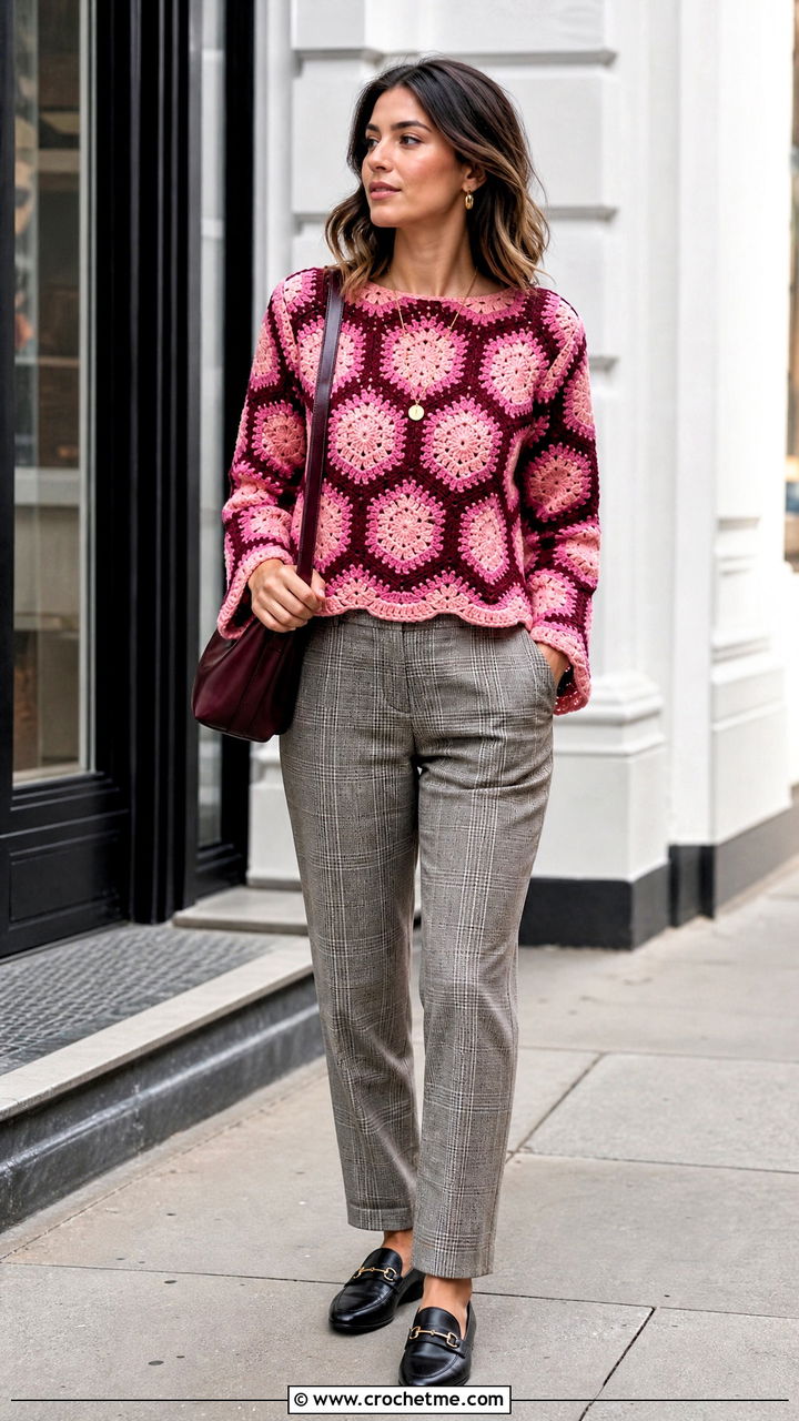 Two Tone Hexagon Pullover With Checked Trousers - 35 crochet hexagon pullover outfit ideas