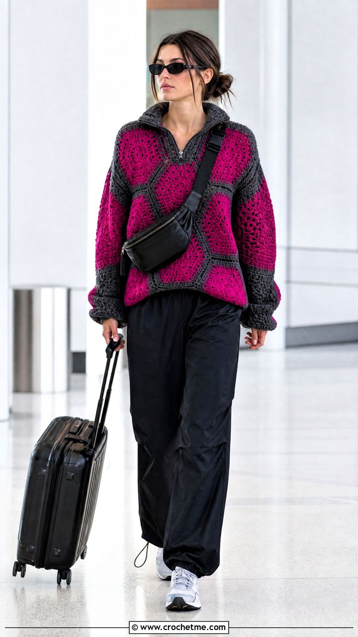 Two Tone Hexagon Pullover With Track Pants - 35 crochet hexagon sweater outfit ideas