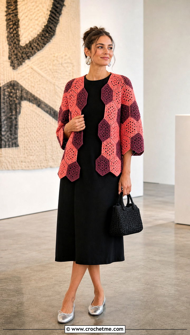 Two Tone Hexi Cardigan With Little Black Dress - 35 crochet hexi cardigan outfit ideas
