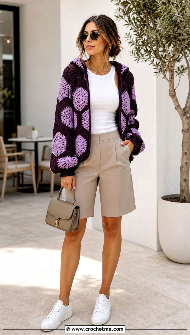 Two Tone Hexi Crochet Hoodie With Tailored Shorts - 20 hexi crochet hoodie outfit ideas