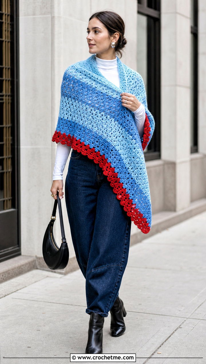 Two Tone Highlander Shawl With Barrel Jeans - 20 Crochet Highlander Shawl outfit ideas