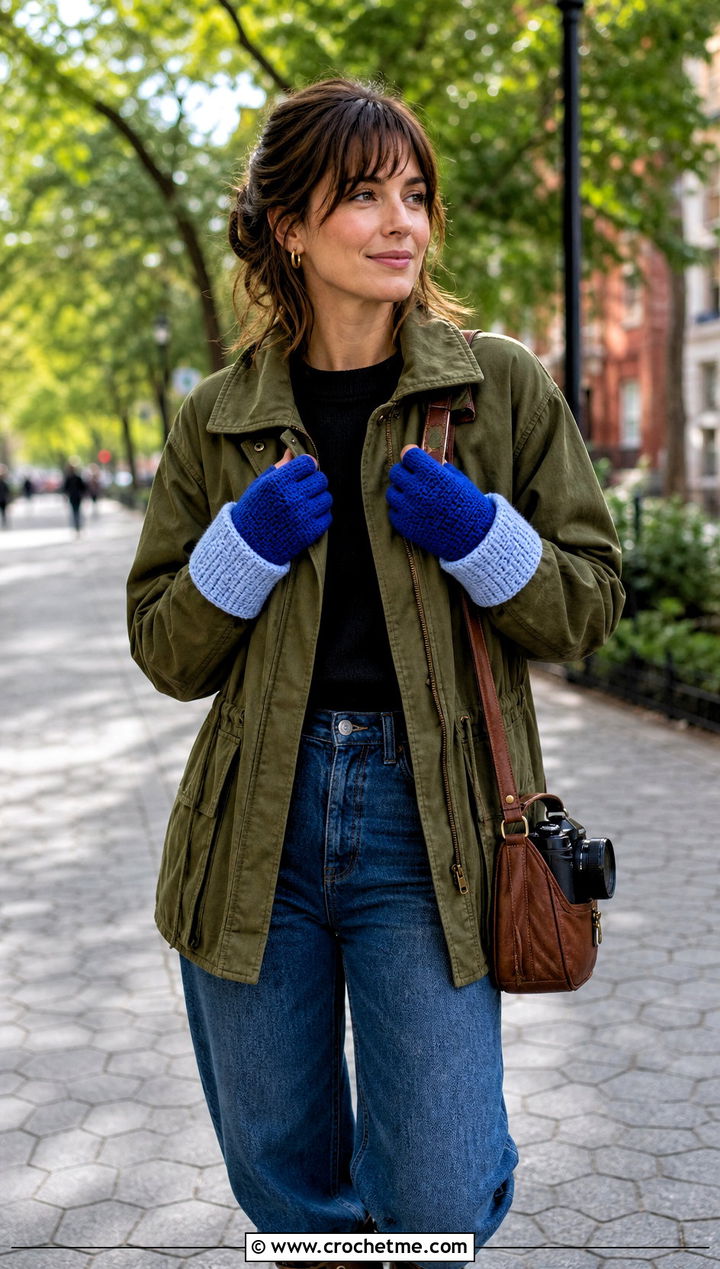 Two Tone Hooded Crochet Gloves With Utility Jacket and Barrel Jeans - 20 Convertible Crochet Gloves outfit ideas