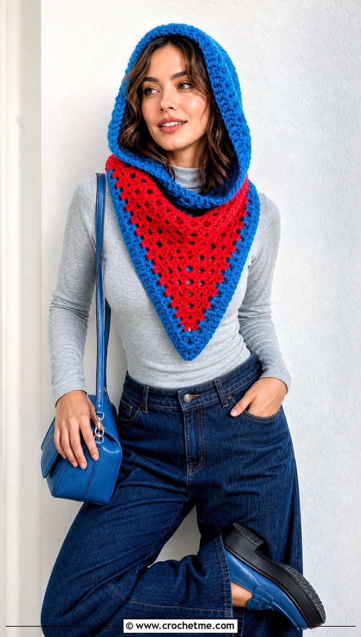 Two Tone Hooded Triangle Crochet Scarf With Wide Leg Jeans - 25 Hooded Triangle Crochet Scarf outfit ideas