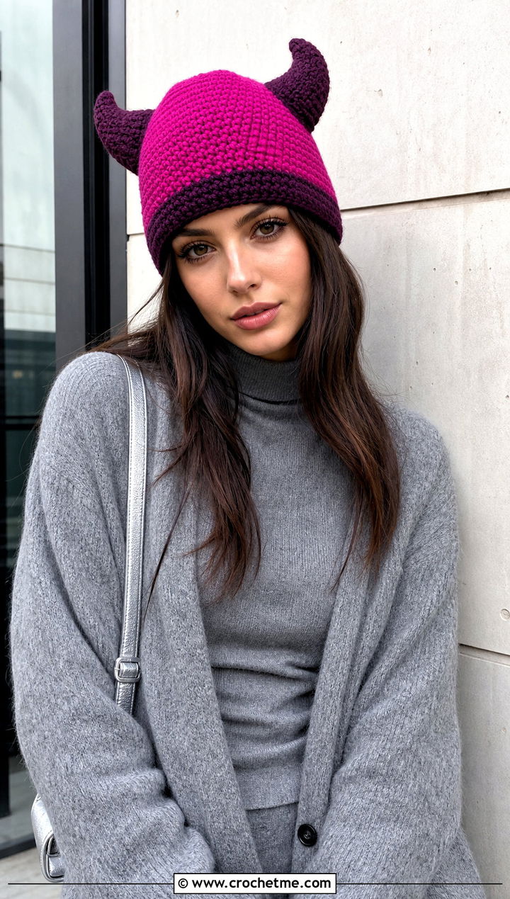 Two Tone Horned Beanie With Monochrome Outfit - 20 Crochet Horned Beanie outfit ideas