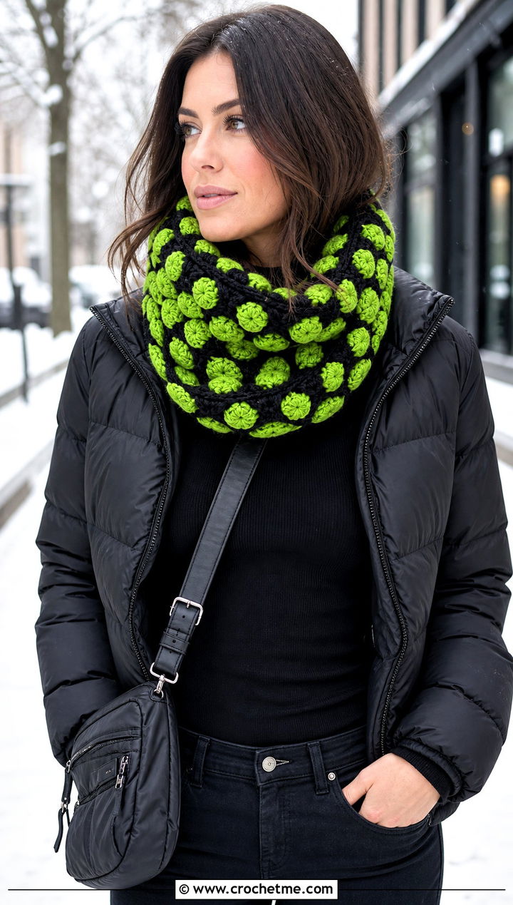 Two Tone Infinity Crochet Scarf With Puffer Jacket - 30 2 color crochet scarf outfit ideas
