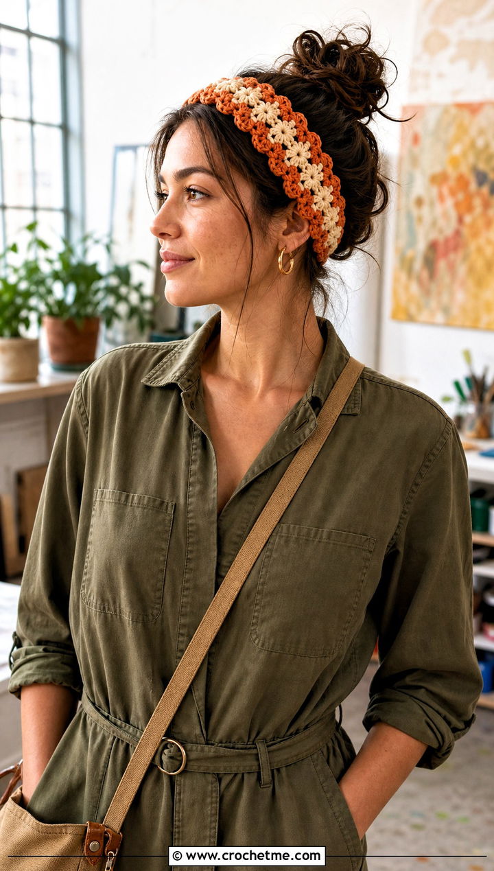 Two Tone Jasmine Stitch Headband With Utility Jumpsuit - 20 Crochet Jasmine Stitch Headband outfit ideas