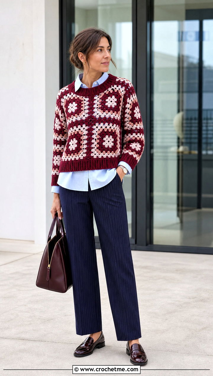 Two Tone Large Granny Square Sweater With Pinstripe Trousers - 35 large granny square sweater outfit ideas