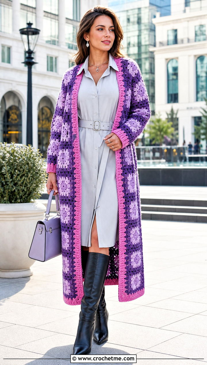 Two Tone Long Granny Square Cardigan With Shirt Dress - 35 long granny square cardigan outfit ideas