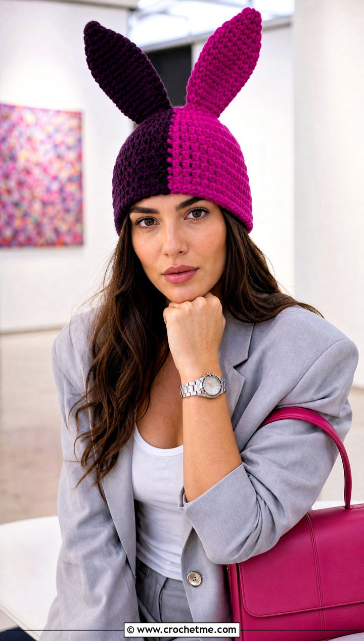 Two Tone Louise Crochet Bunny Ear Hat With Suit And Sneakers - 25 Louise Crochet Hat outfit ideas