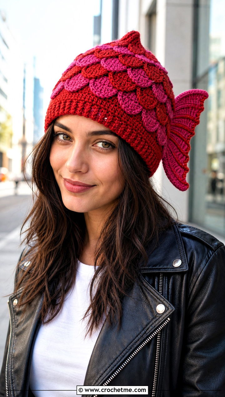 Two Tone Mermaid Tail Crochet Hat With Leather Jacket - 15 Mermaid Tail Crochet Hat outfit ideas