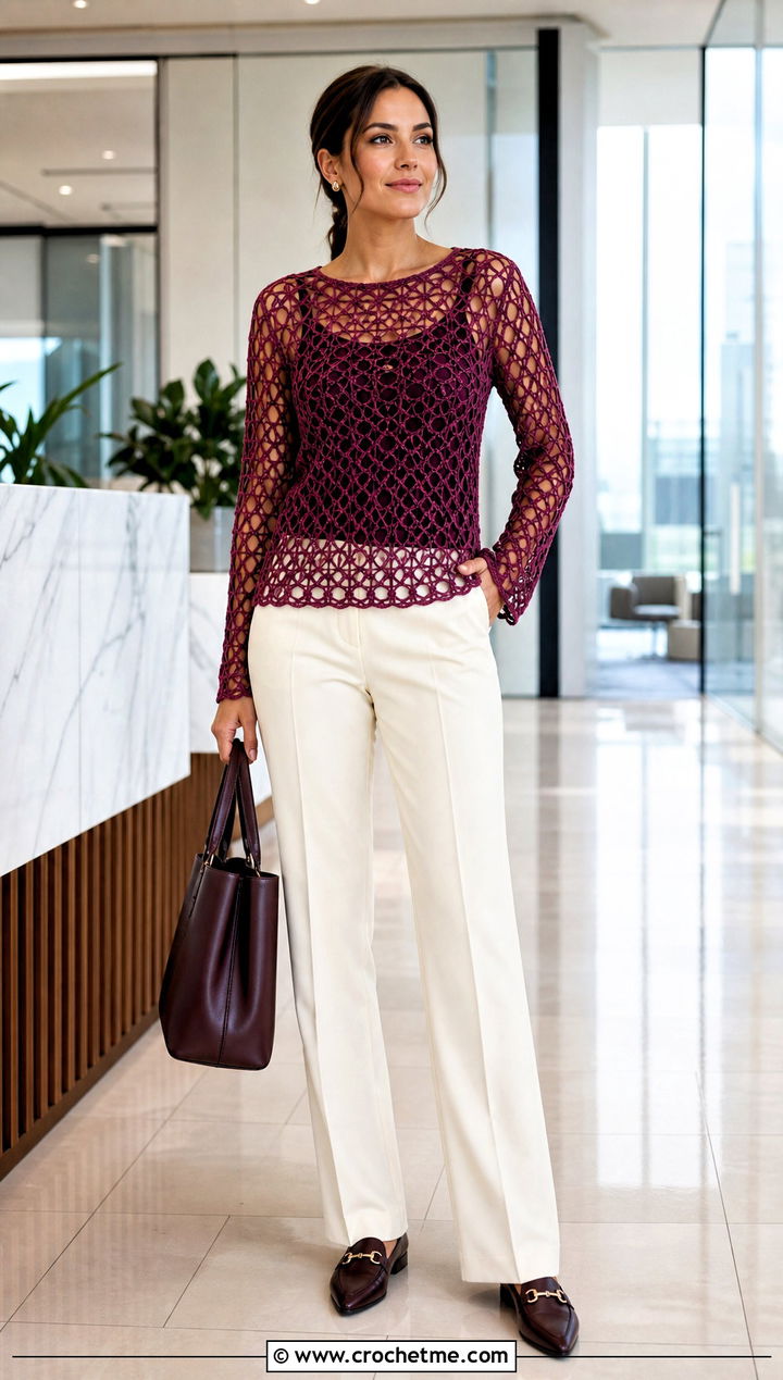 Two Tone Mesh Crochet Long Sleeve Top With Tailored Trousers - 25 Two Toned Crochet Top outfit ideas