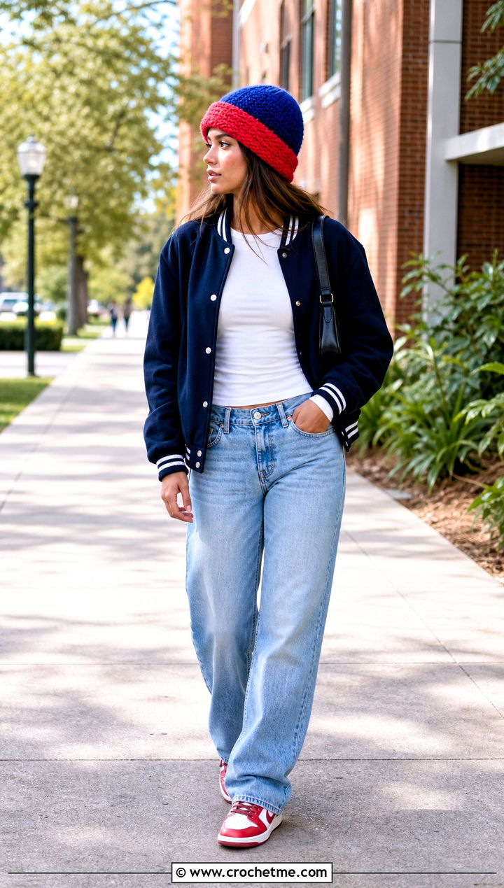 Two Tone Mohair Crochet Beanie With Varsity Jacket And Jeans - 35 mohair crochet beanie outfit ideas