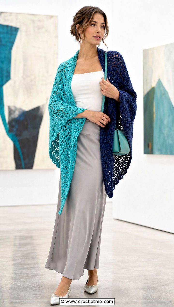 Two Tone Moonrise Crochet Shawl With Maxi Skirt - 15 Crochet Moon Shawl outfit ideas