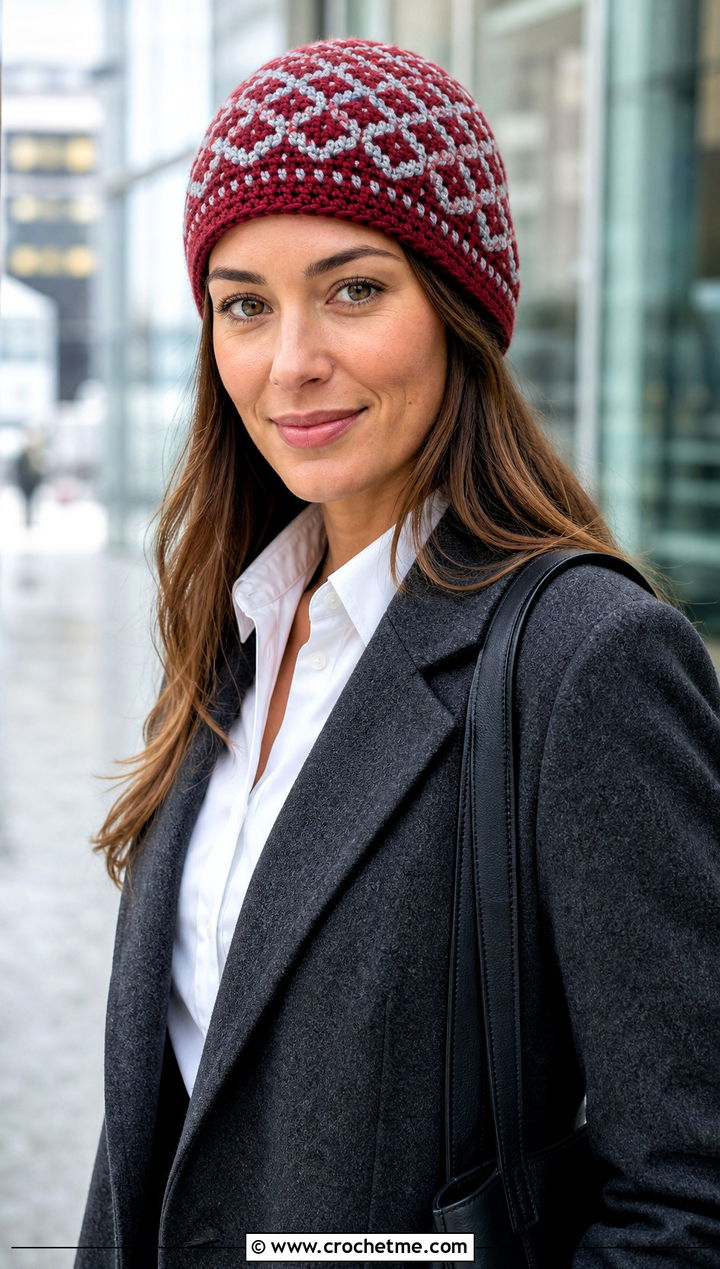 Two Tone Mosaic Crochet Beanie With Office Outfit - 25 Mosaic Crochet Beanie outfit ideas
