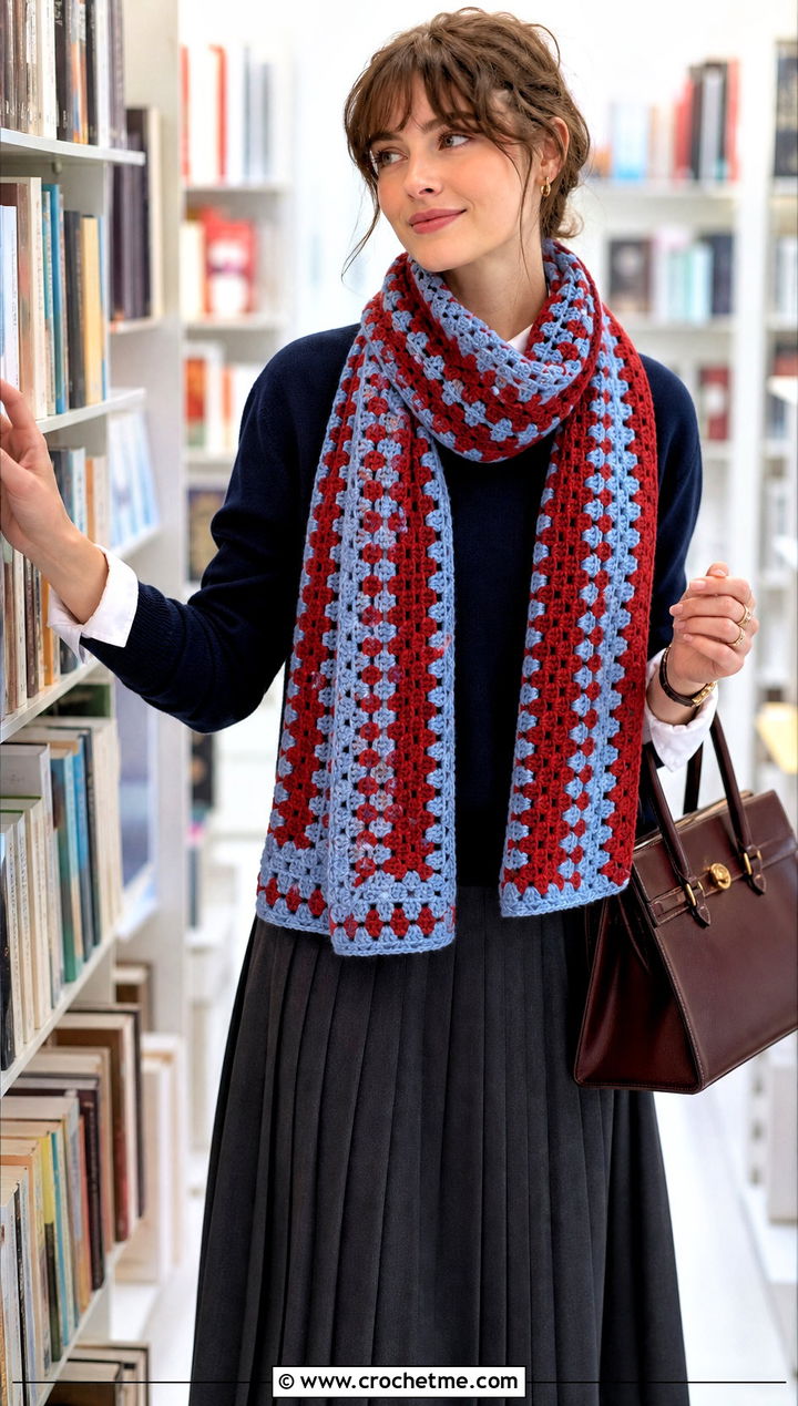 Two Tone Mosaic Crochet Scarf With Preppy Outfit - 25 Mosaic Crochet Scarf outfit ideas