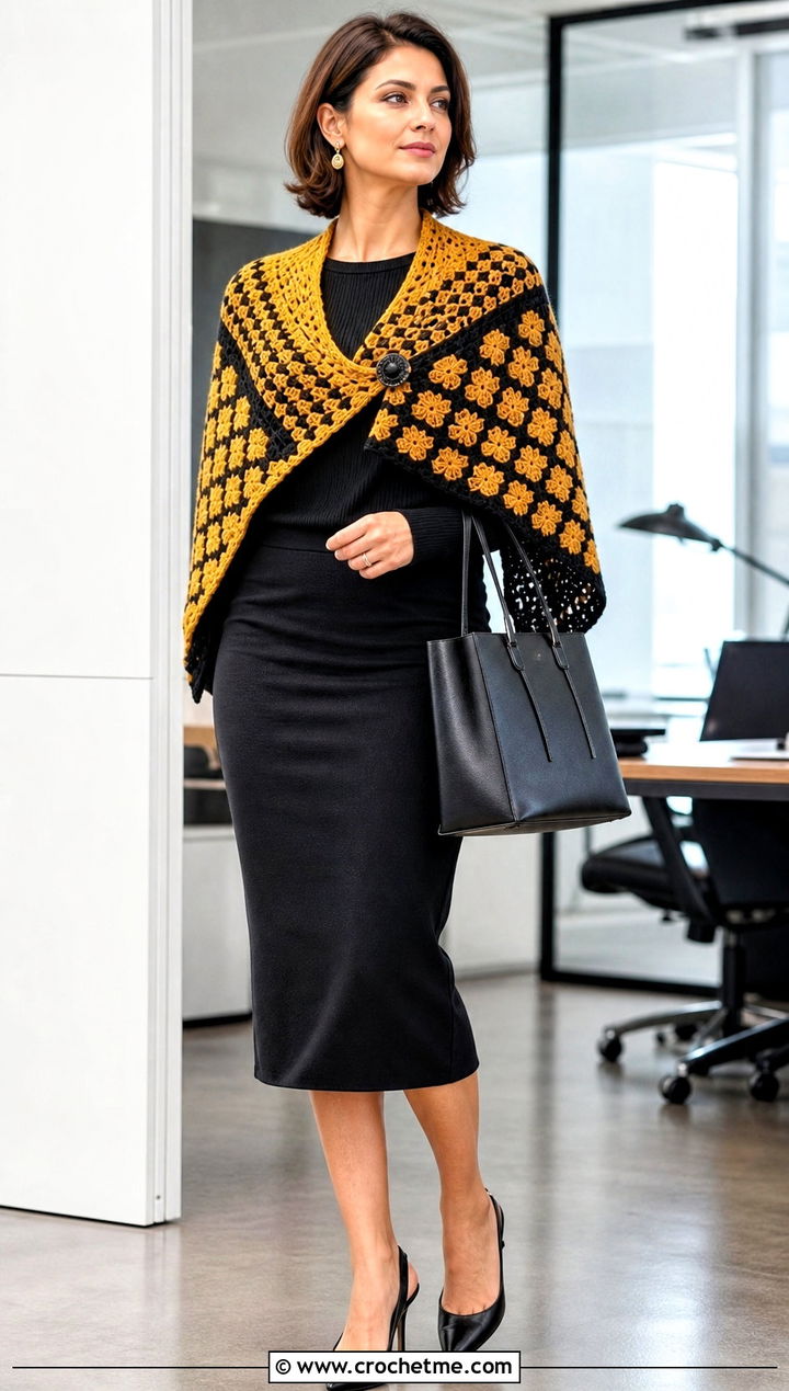 Two Tone Mosaic Crochet Shawl With Pencil Skirt - 30 mosaic crochet shawl outfit ideas