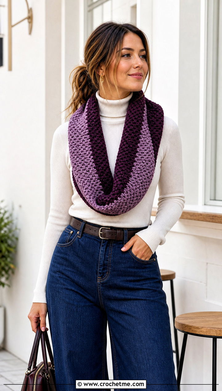 Two Tone Moss Stitch Crochet Cowl With Wide Leg Jeans - 15 Moss Stitch Crochet Cowl outfit ideas