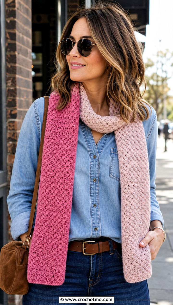 Two Tone Moss Stitch Crochet Scarf With Double Denim - 25 Moss Stitch Crochet Scarf outfit ideas