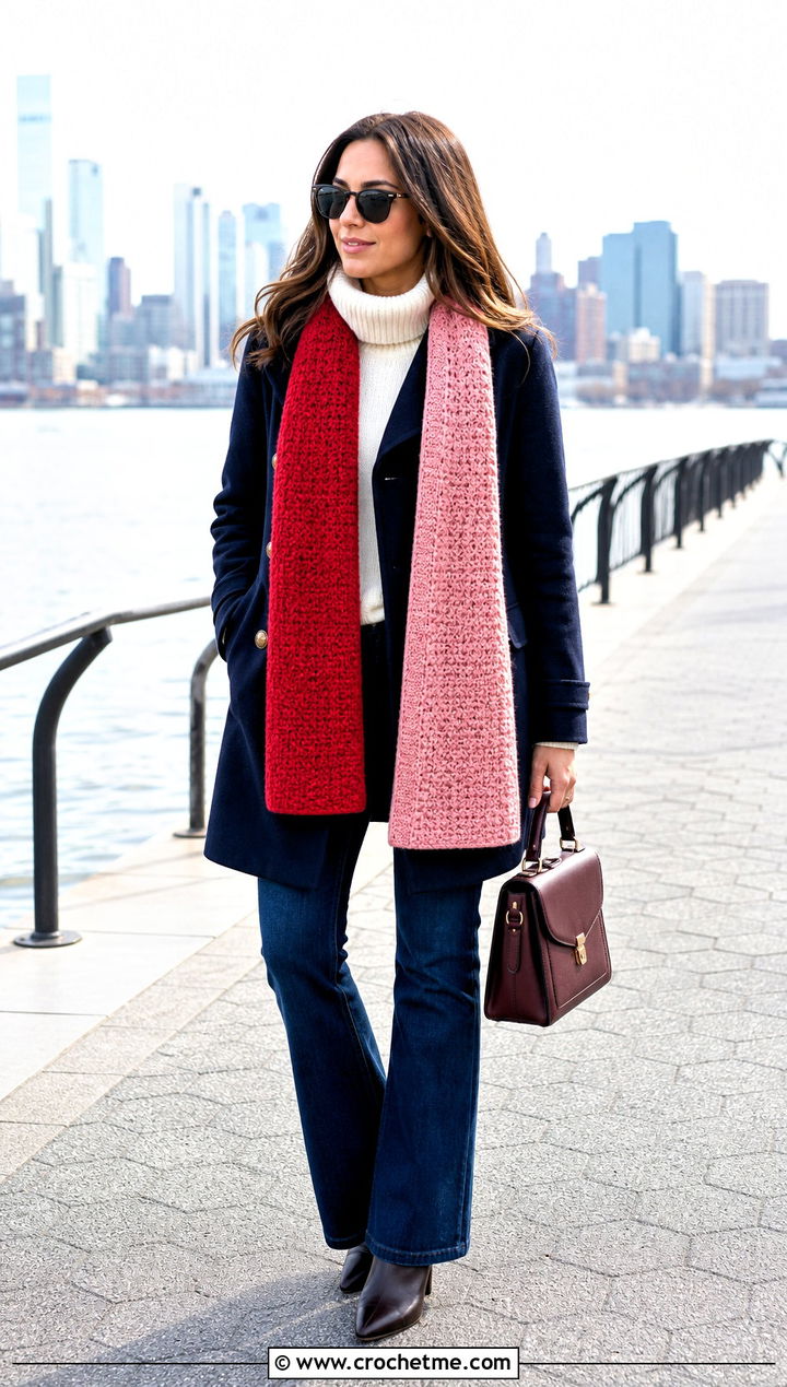 Two Tone Moss Stitch Scarf With Peacoat And Flare Jeans - 35 crochet moss stitch scarf outfit ideas