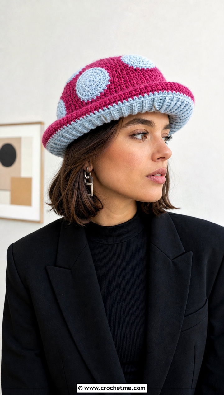 Two Tone Mushroom Crochet Cap With Monochrome Outfit - 20 Mushroom Crochet Cap outfit ideas