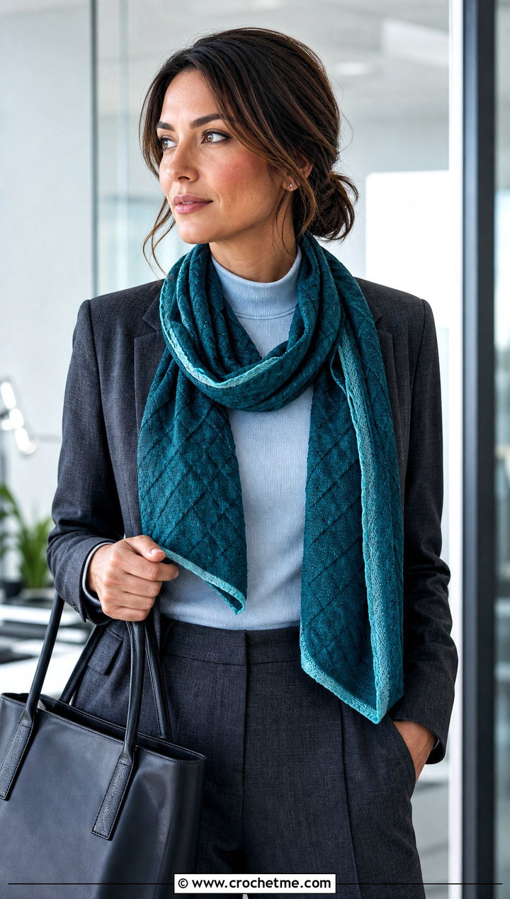 Two Tone Natsu Scarf With Tailored Workwear - 15 Crochet Natsu Scarf outfit ideas