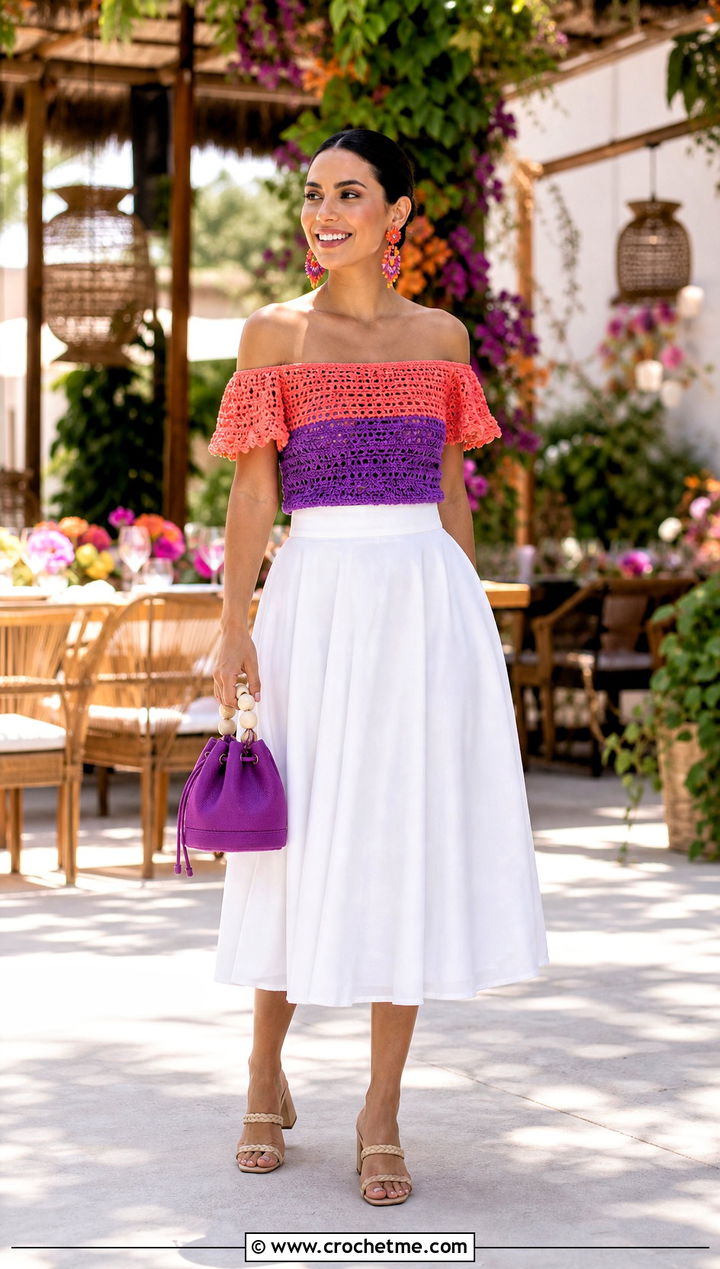 Two Tone Off Shoulder Crochet Top With A Line Midi Skirt - 25 Two Toned Crochet Top outfit ideas