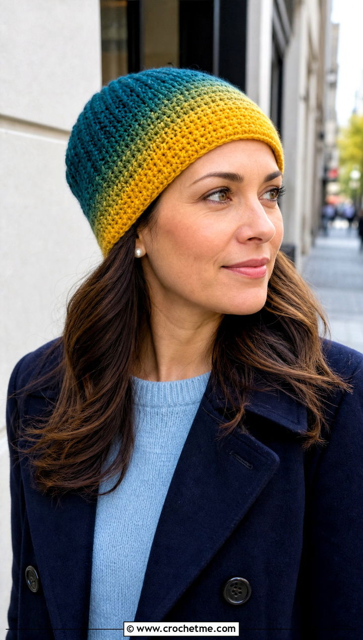 Two Tone Ombre Crochet Beanie With Peacoat And Trousers - 30 two color crochet beanie outfit ideas