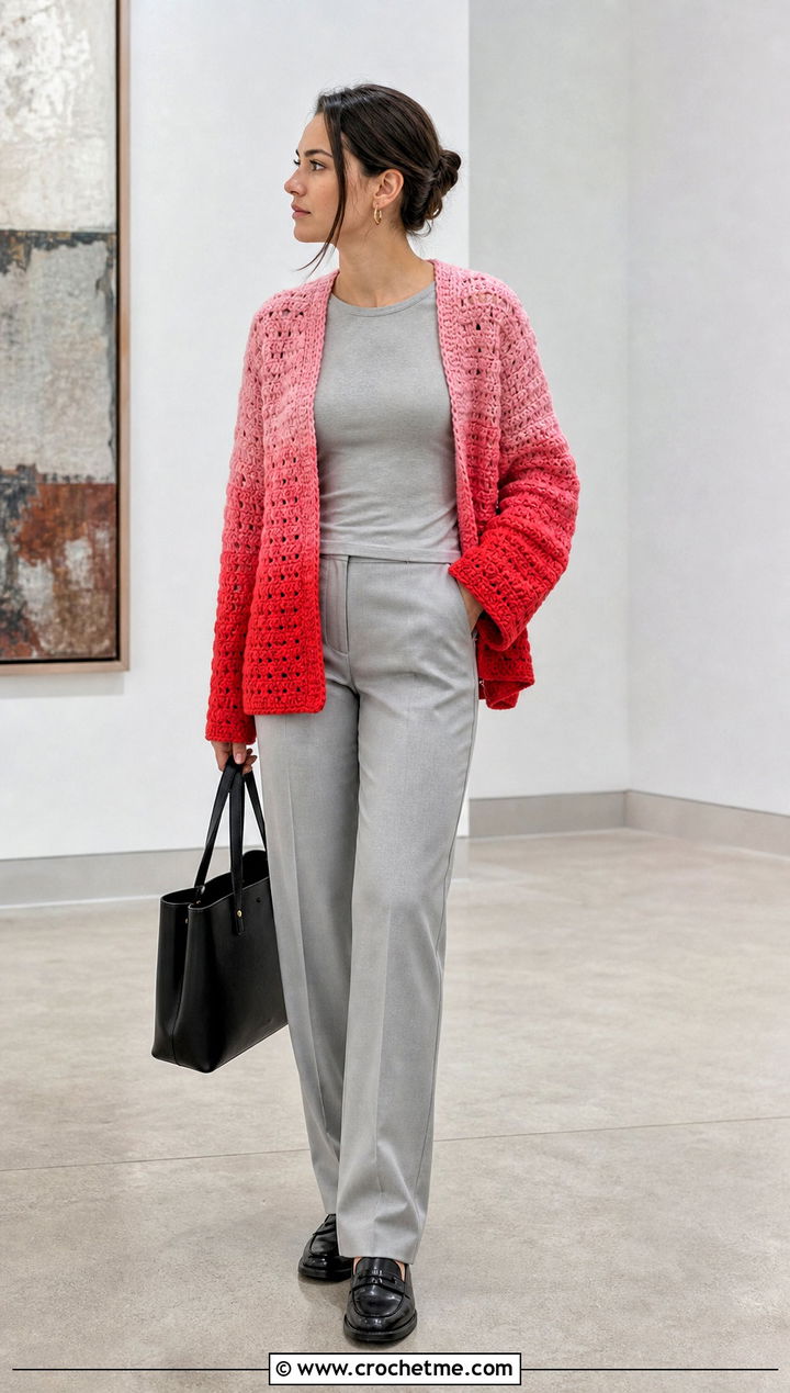 Two Tone Ombre Crochet Cardigan With Monochrome Basics - 30 two color crochet cardigan outfit ideas