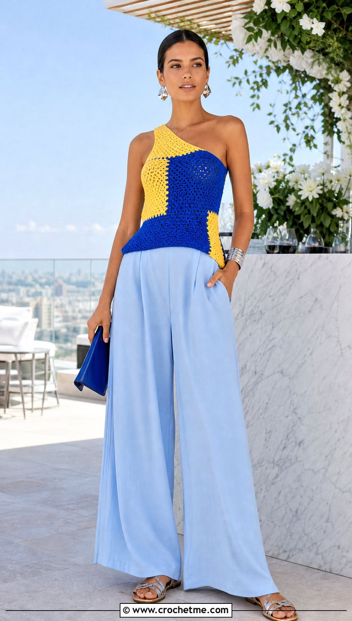 Two Tone One Shoulder Crochet Top With Palazzo Pants - 30 2 Color Crochet Top outfit ideas