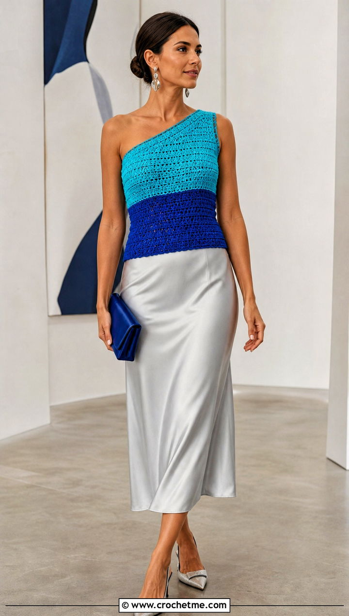 Two Tone One Shoulder Crochet Top With Satin Skirt - 25 Crochet Two Tone Top outfit ideas