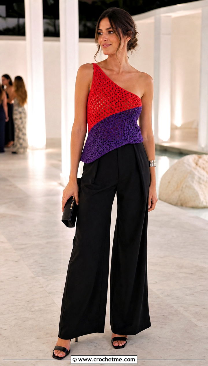Two Tone One Shoulder Crochet Top With Wide Leg Pants - 25 Two Toned Crochet Top outfit ideas