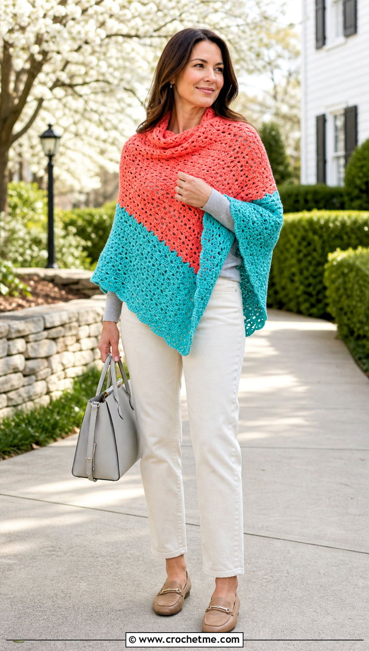 Two Tone Outlander Shawl With White Jeans - 35 crochet outlander shawl outfit ideas