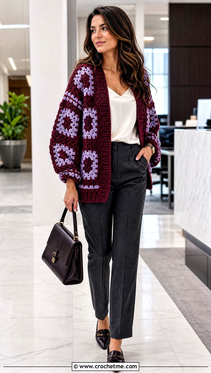Two Tone Oversized Granny Square Cardigan With Suit Trousers - 25 Oversized Granny Square Cardigan outfit ideas