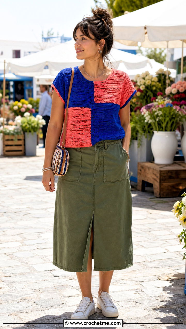 Two Tone Patchwork Crochet Top With Utility Skirt - 25 Two Toned Crochet Top outfit ideas