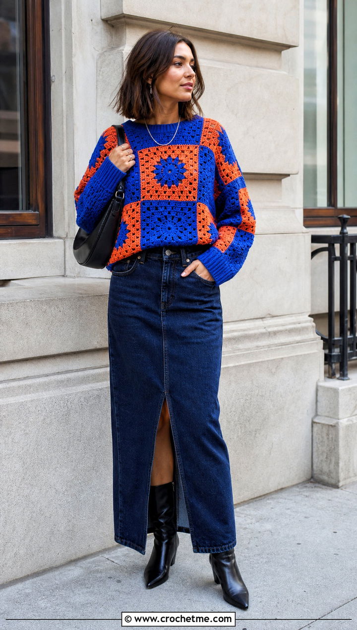 Two Tone Patchwork Sweater With Denim Maxi Skirt - 30 crochet patchwork sweater outfit ideas