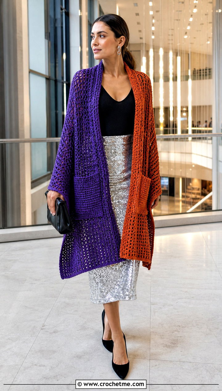Two Tone Pocket Shawl With A Sequin Midi Skirt - 15 Tunisian Crochet Pocket Shawl outfit ideas