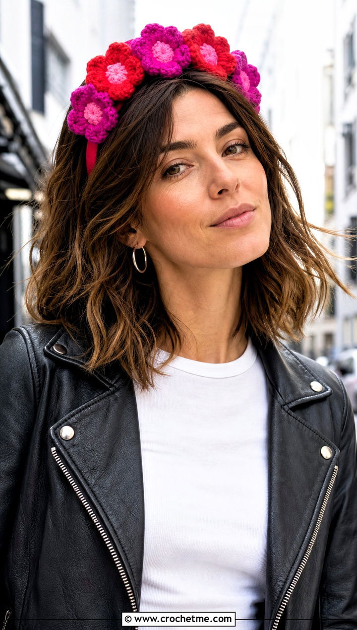 Two Tone Puff Flower Headband With Leather Jacket - 25 crochet puff flower headband outfit ideas
