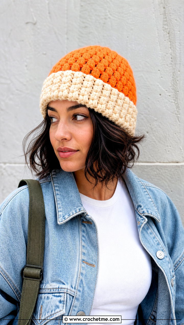 Two Tone Puff Stitch Beanie With Denim Jacket And Cargo Pants - 25 crochet puff stitch beanie outfit ideas