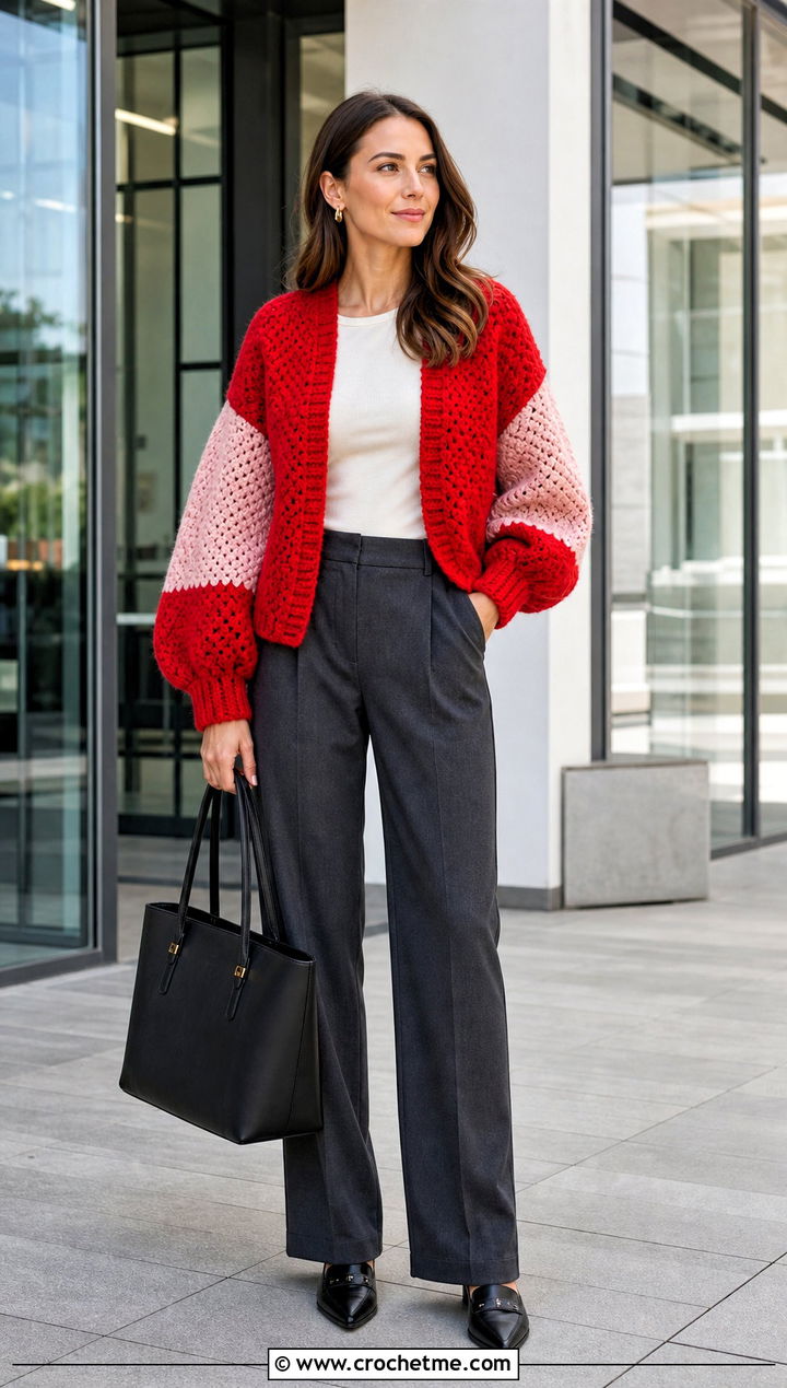 Two Tone Puffy Sleeve Cardigan With Suit Trousers - 25 Crochet Puffy Sleeves Cardigan outfit ideas