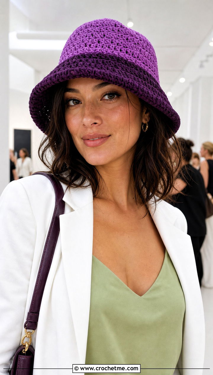 Two Tone Purple Crochet Bucket Hat With White Suit - 30 purple crochet bucket hat outfit ideas