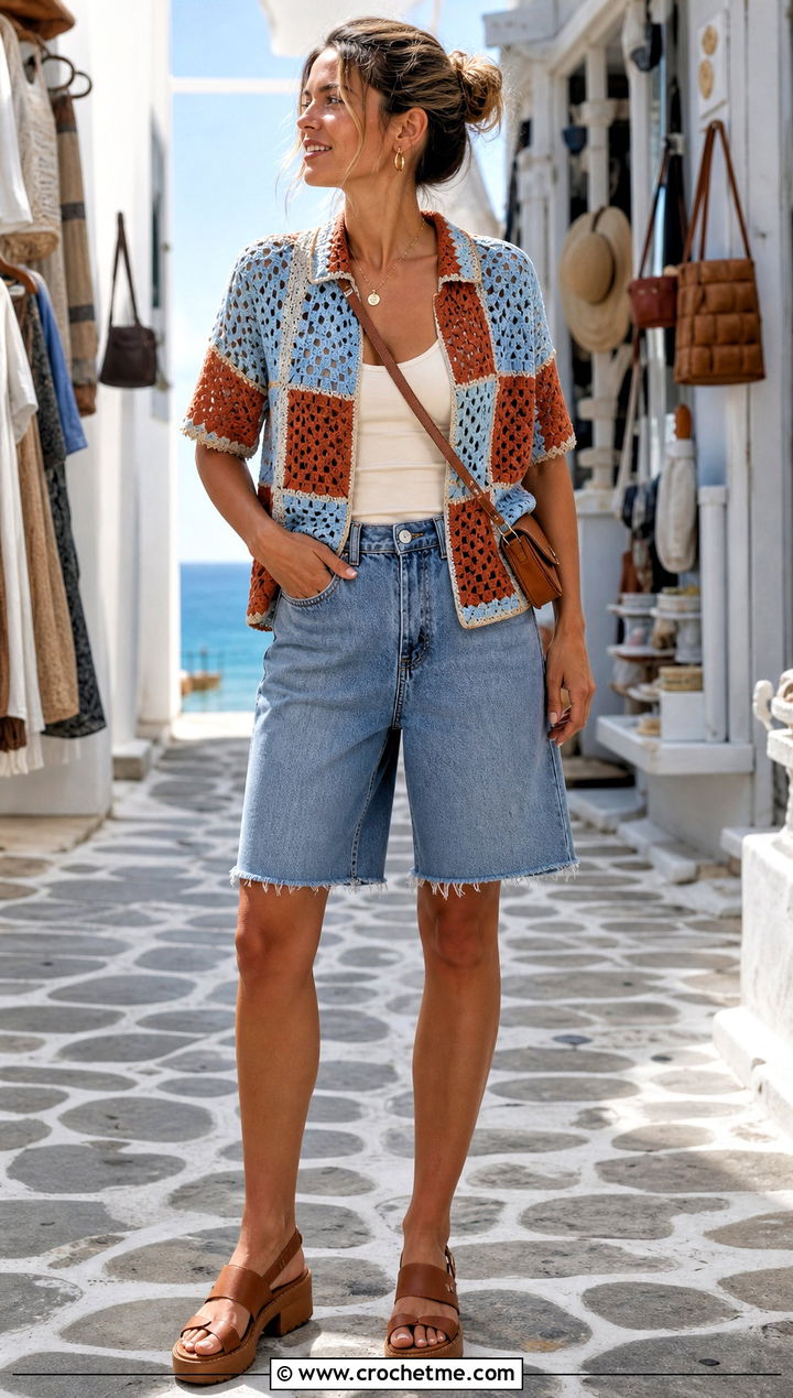 Two Tone Relaxagon Crochet Shirt With Denim Shorts - 15 relaxagon crochet shirt outfit ideas