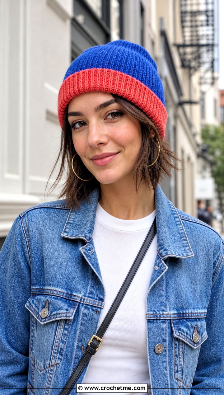 Two Tone Ribbed Reversible Crochet Beanie With Jeans - 15 Reversible Crochet Beanie outfit ideas
