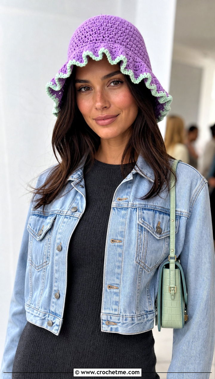 Two Tone Ruffle Crochet Bucket Hat With Knit Dress - 25 Frilly Crochet Bucket Hat outfit ideas