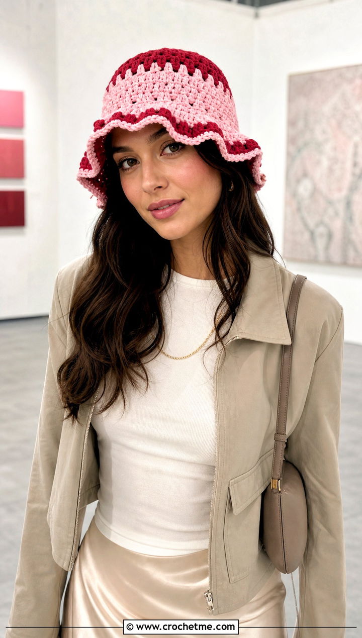 Two Tone Ruffle Crochet Bucket Hat With Satin Skirt - 25 ruffled crochet bucket hat outfit ideas