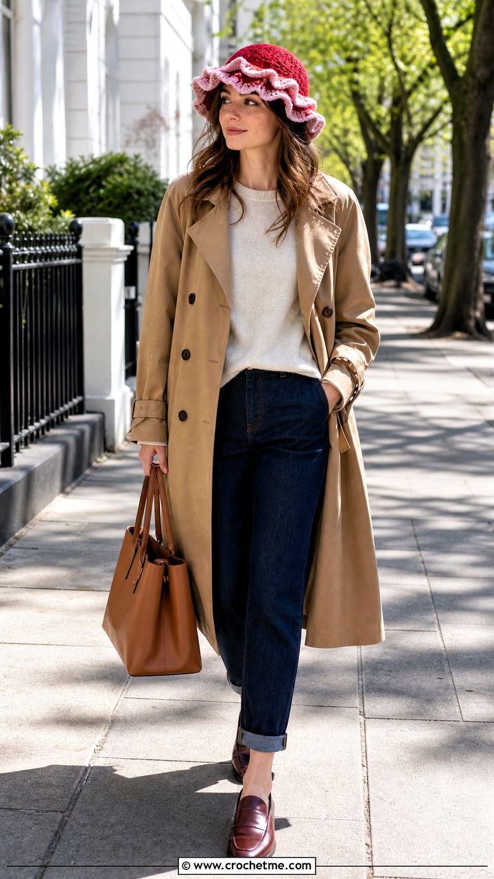 Two Tone Ruffle Hat With Trench Coat And Loafers - 35 crochet ruffle hat outfit ideas