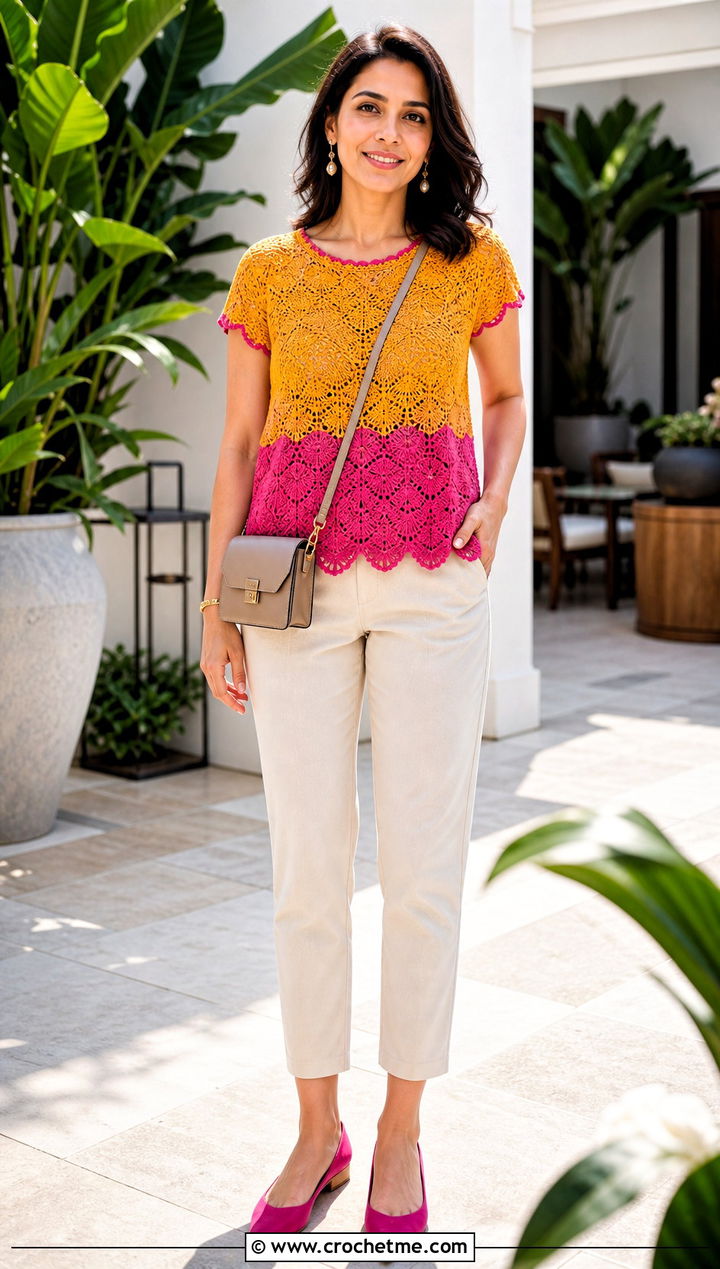 Two Tone Scallop Hem Crochet Blouse With Cropped Pants - 25 Crochet Two Tone Top outfit ideas