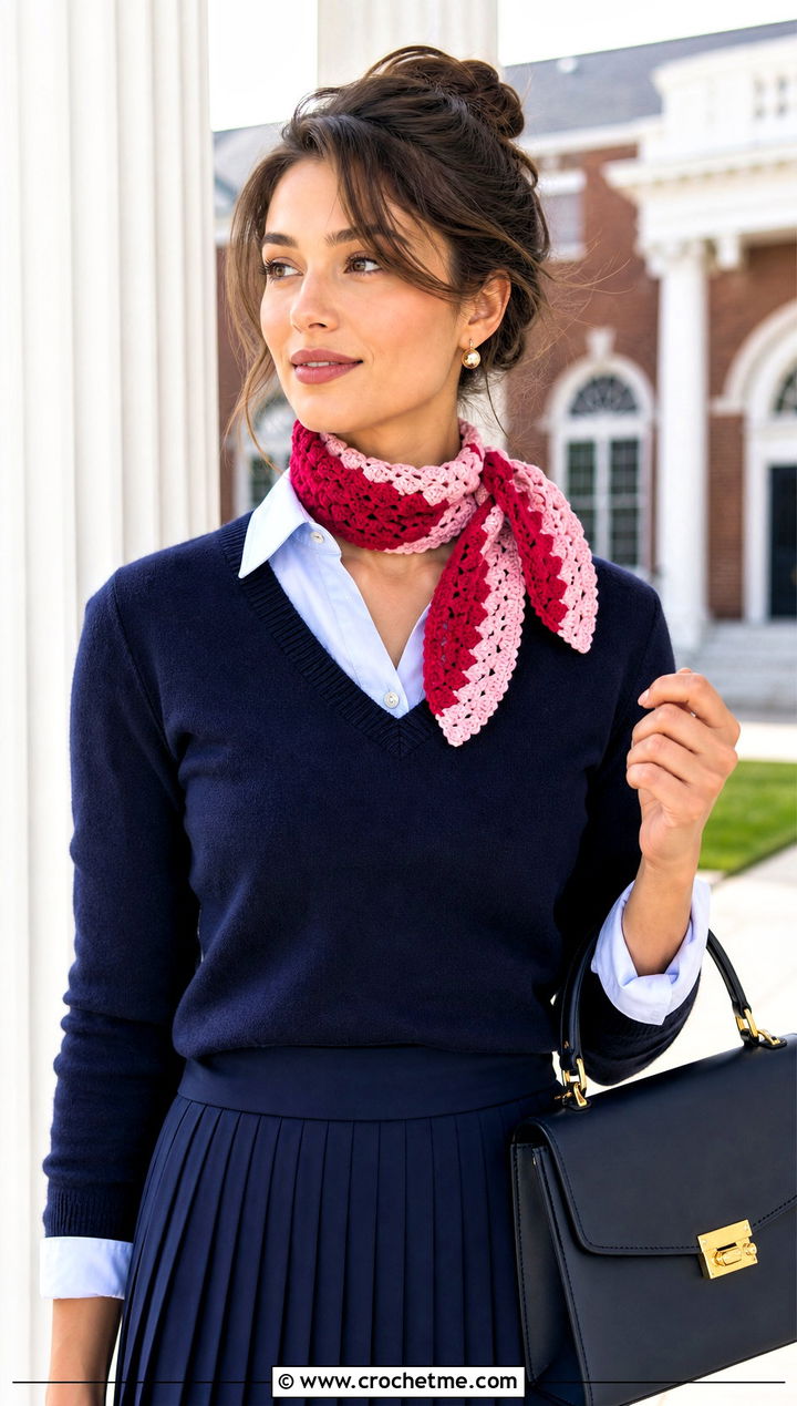Two Tone Shell Crochet Scarf With Preppy Outfit - 20 Shell Crochet Scarf outfit ideas