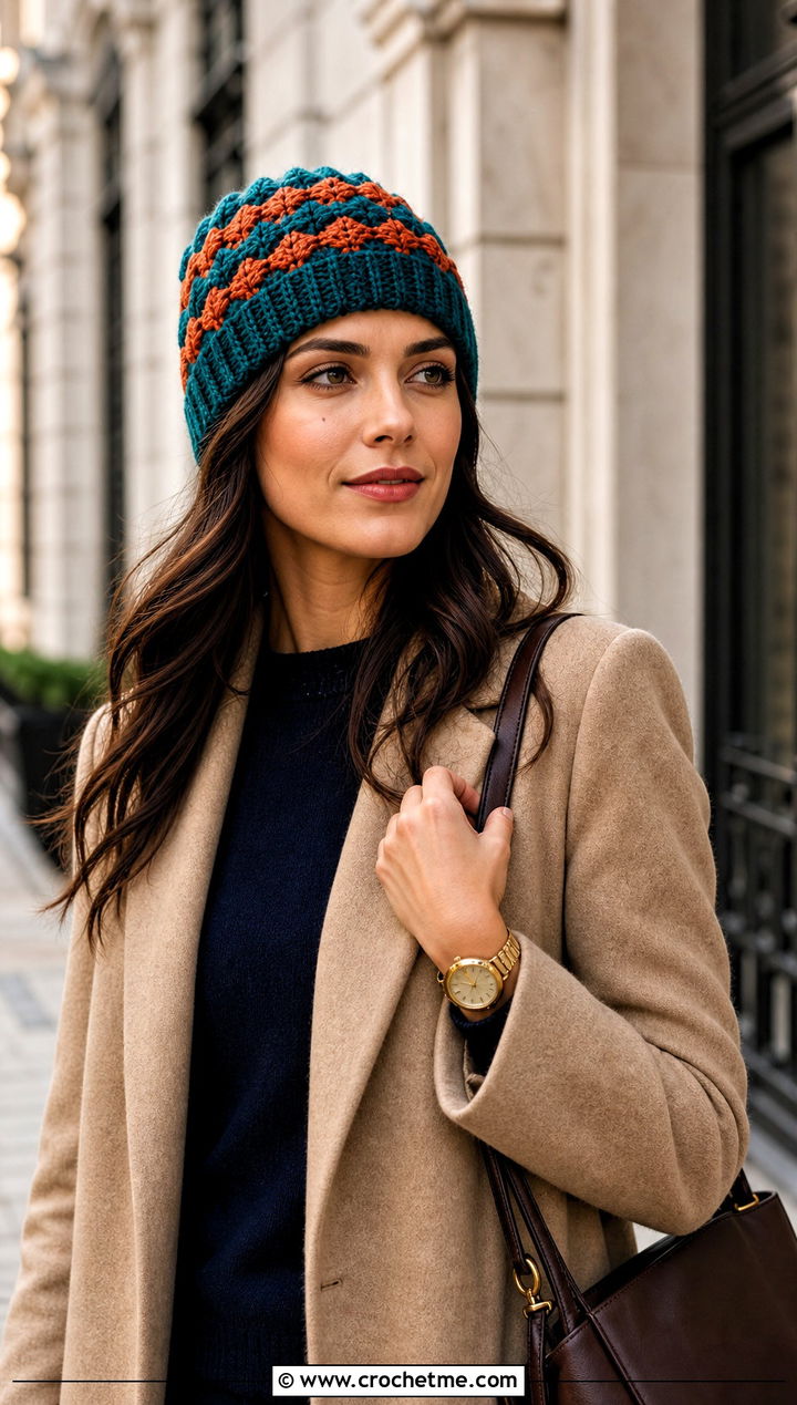 Two Tone Shell Stitch Beanie With Wool Coat And Straight Jeans - 20 shell crochet beanie outfit ideas