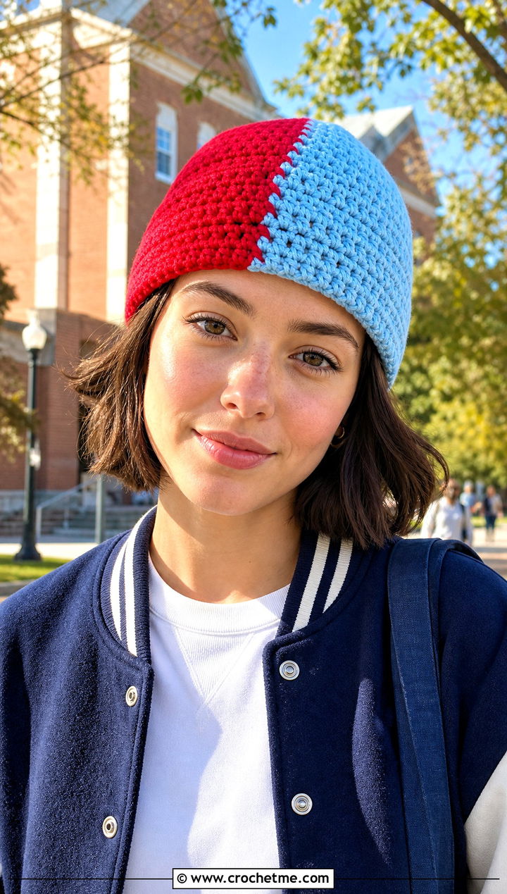 Two Tone Short Row Crochet Beanie With Varsity Jacket - 25 short row crochet hat outfit ideas